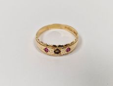 Victorian 15 ct gold and ruby dress ring, with two stones and one missing.Condition Reportthe wieght