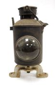 Old black metal railway lamp, double-sided with convex glass, swing handle, 44cm high