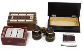 Pair of brass and faux tortoise shell opera glasses, an ebony jewel box with padded velvet lined