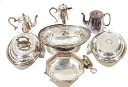 Assortment of silver plated wares, to include a swing handled fruit basket, tea pots, lidded tureens