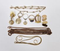 Gold plated guard chain, gold coloured metal and hair harp design brooch, 9ct gold cufflink,