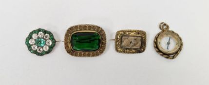 Victorian gold-coloured metal woven hair small lace brooch, green stone set brooch, compass