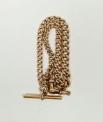 9ct gold graduated curb-link Albert chain with T-bar, 43.3g approx.