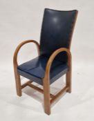 20th century oak Arts & Crafts-style armchair upholstered in a blue leatherette covering, 100cm high