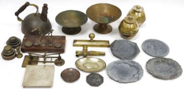 Two Liptons brass tea caddies 1924, brass postal scales, quantity of sundry shells, a spirit flask