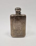 Late Victorian silver spirit flask, crest engraved, rectangular and slightly curved with hinged cap,