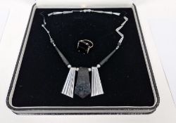 Art Deco Galaith and chrome necklace with geometric pendant drops to the centre on chrome chain,