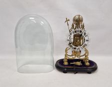 19th century brass skeleton clock on ebonised base under glass dome, single fusee movement,