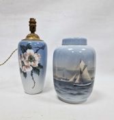 Royal Copenhagen vase and cover painted with a maritime scene and an oviform lamp base, 20th