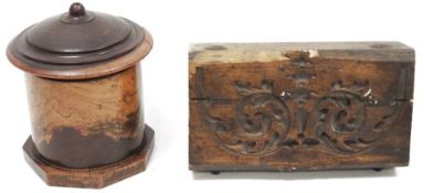 19th century lignum vitae treen string box, cylindrical and turned, on octagonal base, 20cm high and