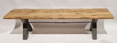 Modern oak plank topped bench raised on a two-section metal X-frame, 47cm high x 180cm wide x 41cm