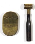 Old wooden-handled brass powder measure and a brass pocket snuffbox, rounded oblong and slightly