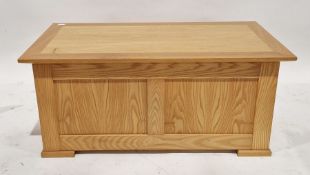 Modern oak blanket box of rectangular form, measuring approx. 44cm high x 101cm wide x 50cm deep.