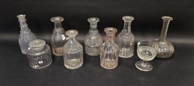 Group of Regency and later 19th century cut glass decanters and a tea caddy and cover,  the caddy of