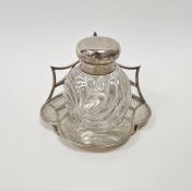 Victorian silver single inkstand, with pierced lozenge-shaped gallery and trefoil footed stand,