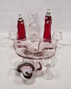 Facon-de-Venise wrythen moulded ewer and three goblets in the Salviatti style, each applied with