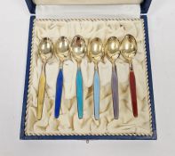 Set of six mid century enamel and gilt Norwegian teaspoons by David Andersen, stamped mark to