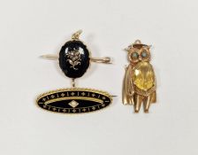 15ct gold black enamel and seed pearl mourning brooch, oval gilt metal and enamel pendant, set