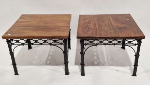 Pair of modern rectangular polished wood occasional tables, each on iron cluster supports, 46cm high