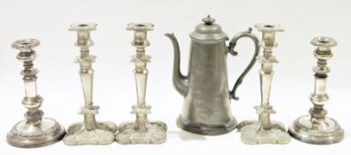 Pair of 19th century silver plated candlesticks, 22cm high, together with another pair of