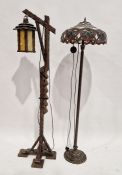 Modern Tiffany-style glass shaded standard lamp, 154cm high and an oak lantern on stand (2)