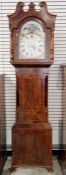 19th century mahogany cased longcase clock, the broken arch painted face is colourfully decorated