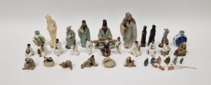 Collection of Chinese Shiwan figures, many in miniature, two snuff bottles and carved stone