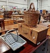 Fortnum & Mason wicker hamper, a tall woven basket and a blue woven basket trug and a gentlemans