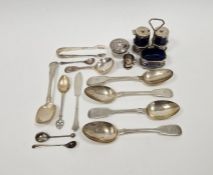 Late Victorian silver trefoil cruet stand, pierced and octagonal, Birmingham 1895, having three blue