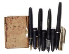 Swan fountain pen with 14ct gold nib, three others and a burrwood cigarette case with gold-