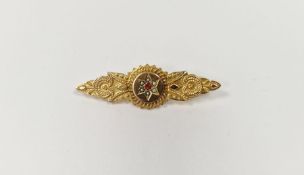 Victorian 9ct gold bar brooch, filigree decorated and set with seed pearls and pink stones to the