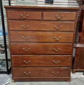 Large mahogany chest of two short and five long graduated drawers with brass drop handles, 138cm