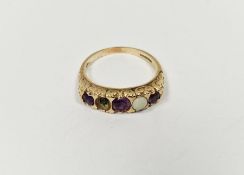 9ct gold, amethyst and opal set ring, having three amethysts, one opal (one missing)