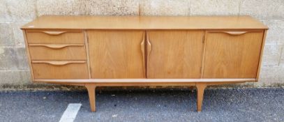 Jentique teak sideboard, with twin central cupboard doors flanked by single fallfront compartment