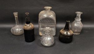 Large 19th century square section clear cut-glass decanter, three smaller carafes/decanters, 27cm