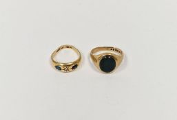 9ct gold and bloodstone signet ring and a gold, blue stone and diamond dress ring set central