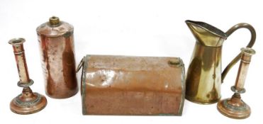 Two various old copper canisters, a brass jug and a pair of table candlesticks (1 box)