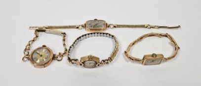 20th century 9ct gold lady's wristwatch, rectangular, on 9ct gold filled expanding bracelet, a