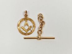 9ct gold (T-bar) from albert chain and 9ct gold masonic fob with compass and set square Condition