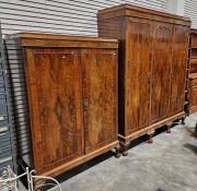 A large mahogany and walnut veneer three door wardrobe, together with a smaller matching wardrobe,