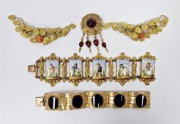 19th century gilt metal and painted porcelain plaque bracelet, the five rectangular plaques