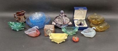 Assorted carnival, coloured and press-moulded glassware, including: two press-moulded swans, a boxed