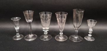 Six 18th century drinking glasses, including: three engraved ale glasses, a wine-glass engraved with