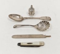 Victorian silver scallopshell caddy spoon, hallmarked Sheffield, 1893, a silver domed pierced sifter