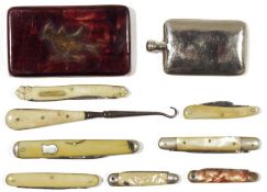 Seven various folding penknives, some bone-handled, a bone-handled button hook, a miniature spirit