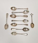 Edwardian trifid-end rattail child's spoon and eight various teaspoons