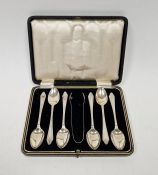 Set of six silver tea spoons with lanceolate handles and the matching sugar nips, Birmingham
