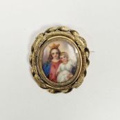 Antique painted porcelain and plaited hair brooch, the porcelain plaque depicting child crowned Mary