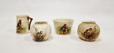 Early 20th century Royal Worcester ivory-ground milk jug and a sugar-bowl painted with a robin by W.