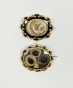 Victorian gold coloured metal, enamel and hair mourning brooch, centre glass with hair scroll and